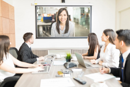 Multiethnic male and female coworkers attending presentation in boardroom